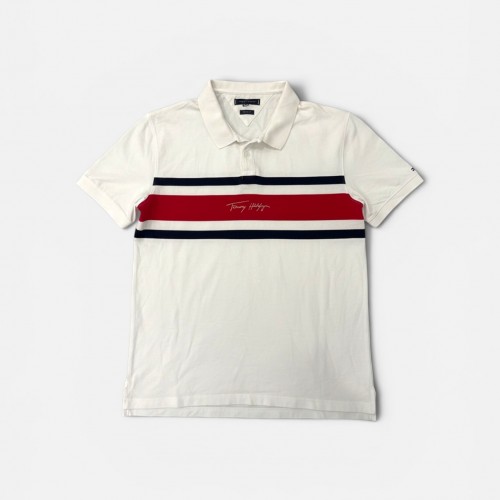 Tommy Hilfiger Ανδρικό Λευκό Ριγέ Polo Shirt XL